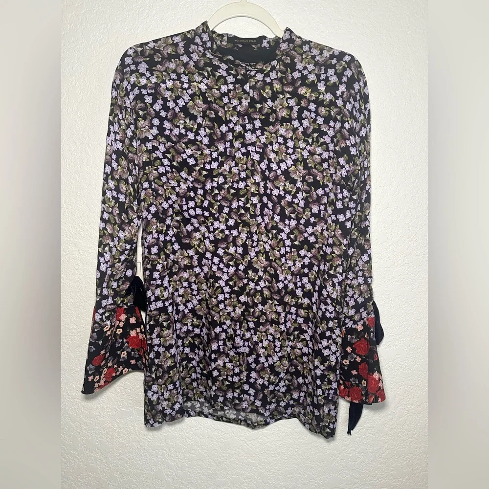 Mother of Pearl silk floral top bell sleeve size large women’s blouse - Picture 1 of 8